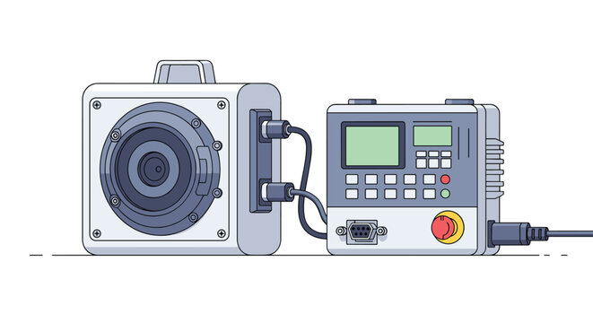 Professional industrial camera connected to a digital controller unit for quality control and automated inspection tasks.