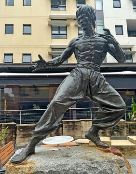 Sydney, Australia &ndash; Public statue of Bruce Lee in a dynamic martial arts pose representing strength, discipline and cultural legacy