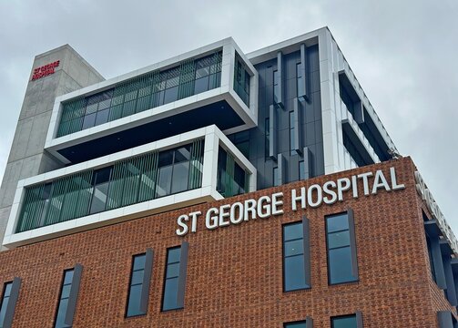 Sydney, Australia &ndash; Exterior view of St George Hospital showing modern architecture with glass, steel and brick facade