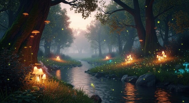 A serene forest scene with a stream, glowing mushrooms, and fireflies, set against a misty, moonlit sky.