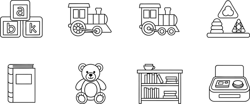 Kindergarten child toy outline icon set
