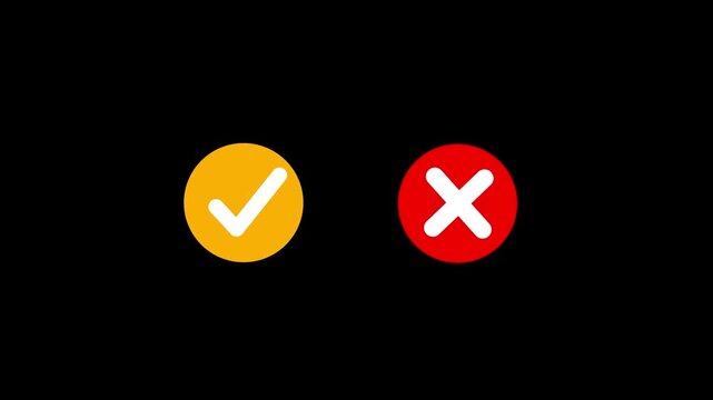 Animated pop-up green check mark and red cross X symbol on a transparent background. A checkmark in and out motion graphics animation. Video footage of yes or no, true or false with alpha channel