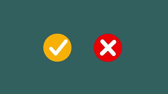 Animated pop-up green check mark and red cross X symbol on a transparent background. A checkmark in and out motion graphics animation. Video footage of yes or no, true or false with alpha channel
