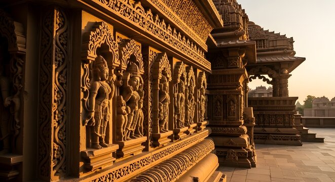 Intricate Carvings and Architectural Details of Ayodhya Ram Mandir at Sunset