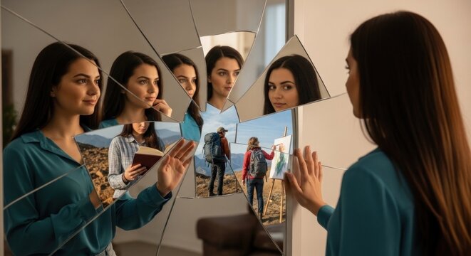 A young woman standing in front of a mirror, reflecting her image and a collage of images of herself and others.