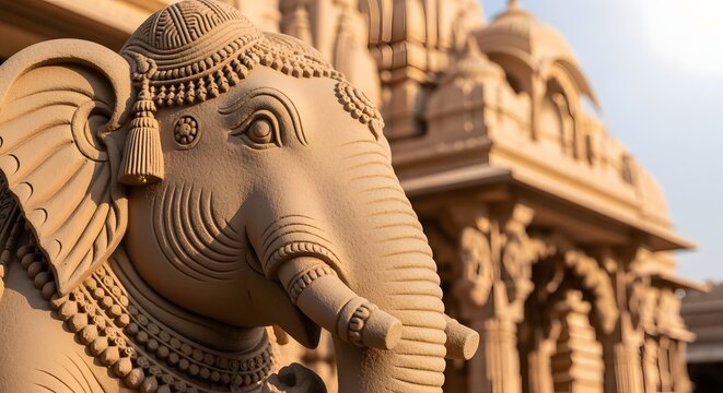 Intricate Sandstone Carving of Lord Ganesha at Ayodhya Ram Mandir with Traditional Architecture in Background