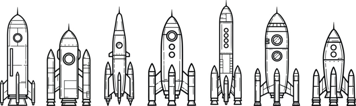Space rocket ship line icon collection vector 