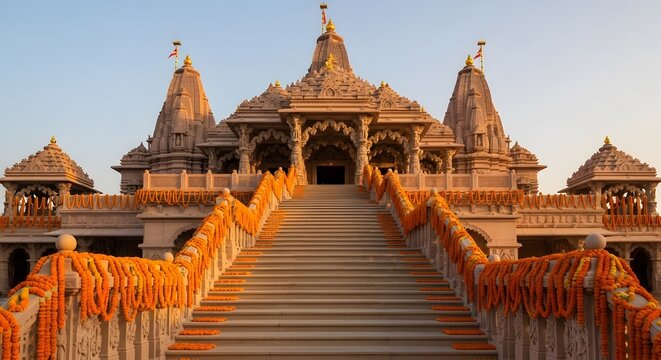 Majestic Ram Mandir in Ayodhya with Ornate Decorations and Golden Spires at Sunset