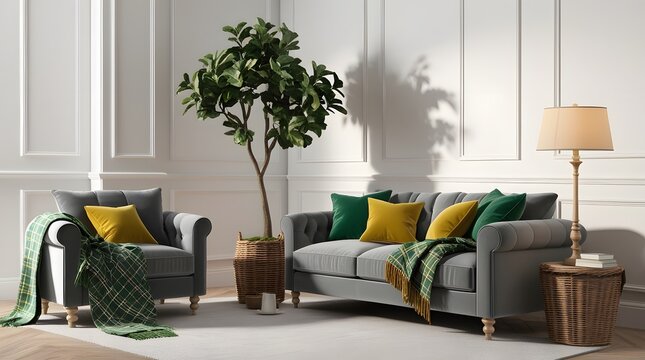 Living room interior with elegant grey sofa, armchair, and natural fiddle leaf fig tree, casting long shadows