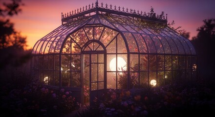 Fototapeta premium A vintage greenhouse with a glass roof and ornate ironwork, filled with lush greenery and flowers, illuminated by a warm, glowing moonlight at dusk, casting a serene and magical atmosphere.