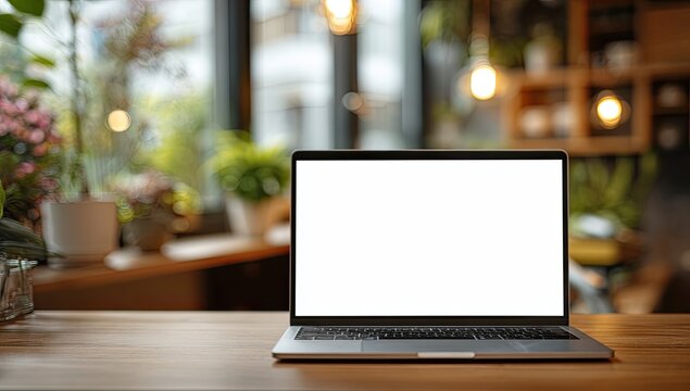 A modern laptop rests on a wooden table, displaying a blank screen against a blurred background of a bright, airy cafe setting.