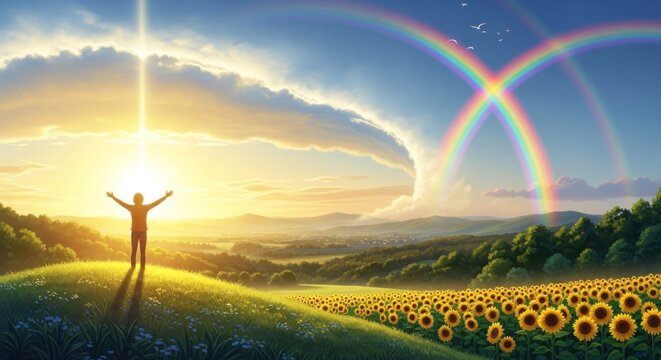 A person standing on a hill with their arms raised, facing a rainbow and a sun, with a field of sunflowers in the foreground and a mountain range in the background.