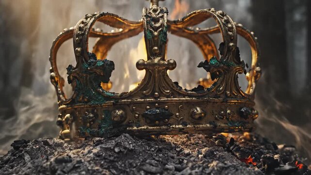 Golden crown on burning embers in forest for commercial backgrounds, digital design, and advertising