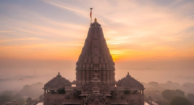 Sunset View of the Historic Ram Mandir in Ayodhya with Majestic Architecture and Spiritual Atmosphere