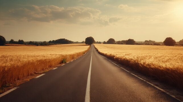 A straight, endless stretch of blacktop road bisecting golden fields under a cloudy sky.