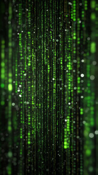 Abstract Green Binary Code Matrix Rain Background, Digital Data Cascade on Dark Black, Cybersecurity and Hacker Technology Wallpaper