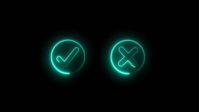 "Minimal neon Check Mark and Cross Icon in Circle on Black Background &ndash; Yes or No Symbol Set for UI UX Design, Decision Making, Voting, and App Interface Elements"