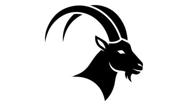 Stylized silhouette of an ibex head with large curved horns mountain goat capra ibex black and white