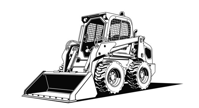 Detailed black and white line art illustration of a skid steer loader heavy equipment machine used for construction and landscaping.