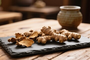 Fototapeta premium Fresh and dried ginger roots displayed on a slate tray on a wooden table with a ceramic jar in the background