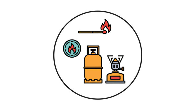 Collection of fire and gas utility items including a lit match, a gas cylinder tank, and a portable camping stove burner.