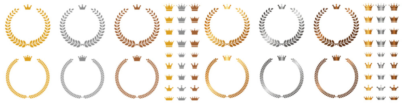 光沢あり・なし　ランキング表示向け月桂冠＆クラウンセット｜金・銀・銅の評価アイコン素材
