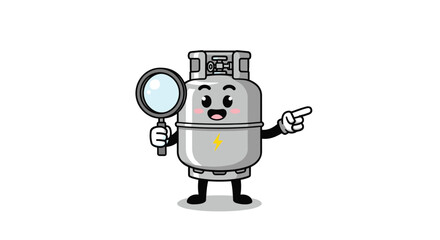Fototapeta premium Cute cartoon character shaped like a gas cylinder holding a large magnifying glass and pointing towards a target or discovery.