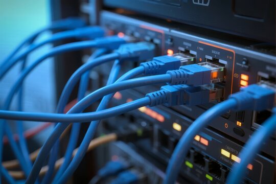 Blue Ethernet cables connected to network switches in a server rack