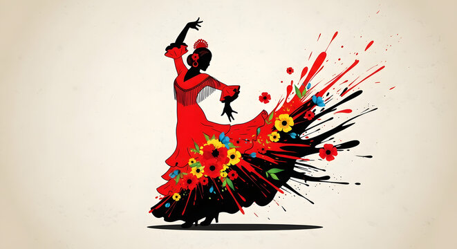 Flamenco Dancer with Red Dress and Floral Accents Illustration. World Art Day theme illustration.