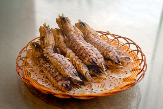 Crispy Salt and Pepper Mantis Shrimp, Authentic Chinese Seafood Dish Photographed at Hainan Sanya Food Stall, Exotic Gourmet Crustacean Cuisine