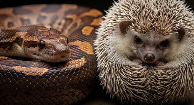 A close-up photograph of a snake and a hedgehog side by side in a dark setting