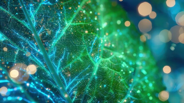 Glowing green leaf veins with digital network pattern. Abstract botanical texture with luminous light particles. Concept of bio technology, smart agriculture and organic connectivity.