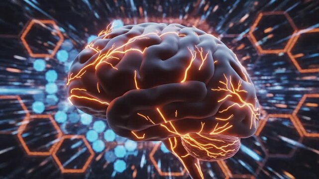 Human brain with glowing neural pathways for commercial backgrounds, digital design, and advertising