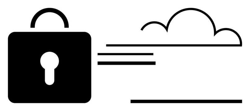 Cloud security, data protection, computing systems, digital privacy, networking, cybersecurity. A lock symbol and cloud graphic with horizontal lines. Cloud security and data protection concept