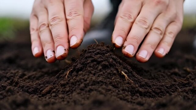 Hands carefully planting insect in dark soil for ecological concept