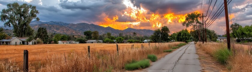 Fototapeta premium Rural country road with golden fields and dramatic sunset over mountains