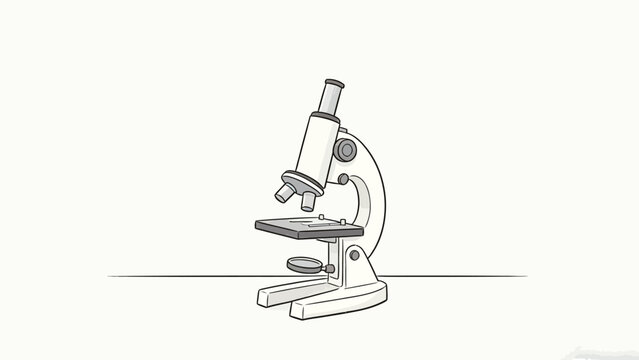 Hand-Drawn Illustration of a Classic Laboratory Optical Microscope, Centered on a Plain Light Background, Simple Monochromatic Grayscale Line Art for Scientific and Educational Use