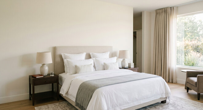 Clean interior hotel style bedroom with large bed and clean interior hotel style decor in soft natural light