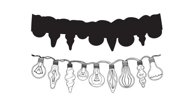 Various shaped christmas string lights and icicle garland. holiday decoration elements isolated on white.