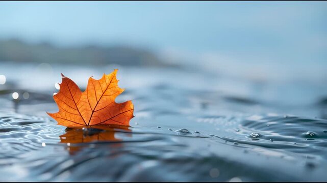 Orange maple leaf floating on calm water surface, creating ripples, with blurred background of trees and soft light enhancing the serene autumn atmosphere