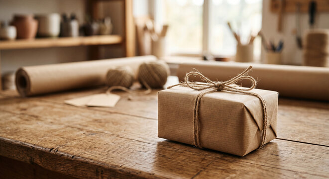 Packaging box wrapped in kraft paper with twine gift packaging box on rustic wooden table