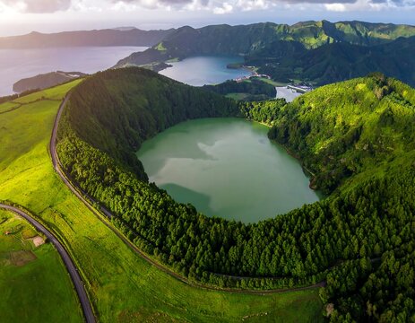 Lush green volcanic crater lake with rolling hills and clear water below a cloudy sky