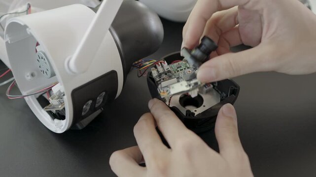 Close-up, Hand of woman repairing a wireless CCTV camera