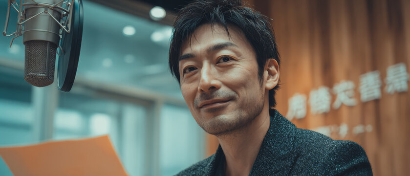 Japanese man radio studio microphone podcast host voice actor recording session smiling professional broadcaster wooden wall modern office