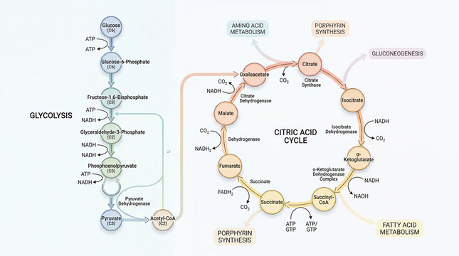 Study guide on glycolysis and citric acid cycle in cellular respiration with clear pathways for metabolism