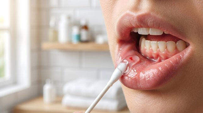 Close up of a person applying medication to a painful canker sore on their lower inner lip using a cotton swab inside a bright modern bathroom.