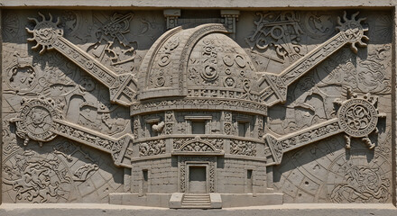 Obraz premium Mysterious ancient stone bas-relief of grand observatory building surrounded by zodiac wheels and astronomical tools