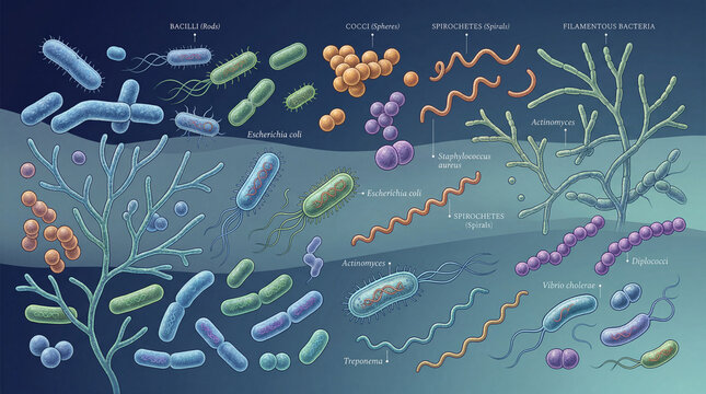Detailed view of different types of bacteria on a scientific diagram showing various shapes and arrangements