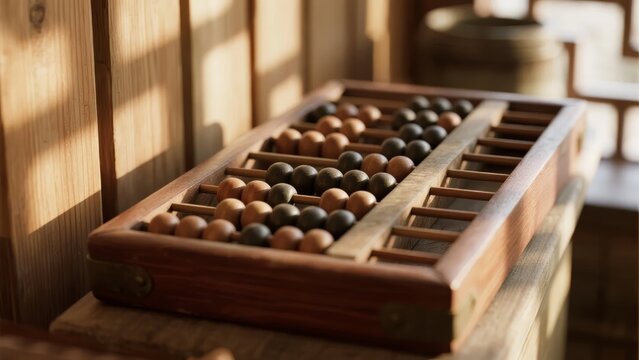 Wooden abacus with beads resting on a wooden surface in natural sunlight