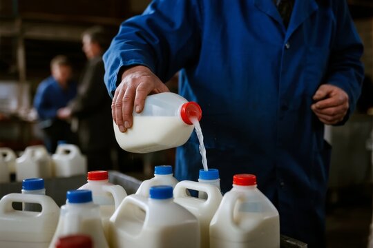Person pouring milk from a jug into containers in a dairy processing facility